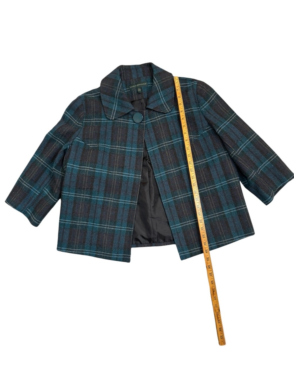 Harve Benard Plaid Cropped Jacket Green Brown 3/4 Sleeve Wool Blend Size L - Picture 4 of 9